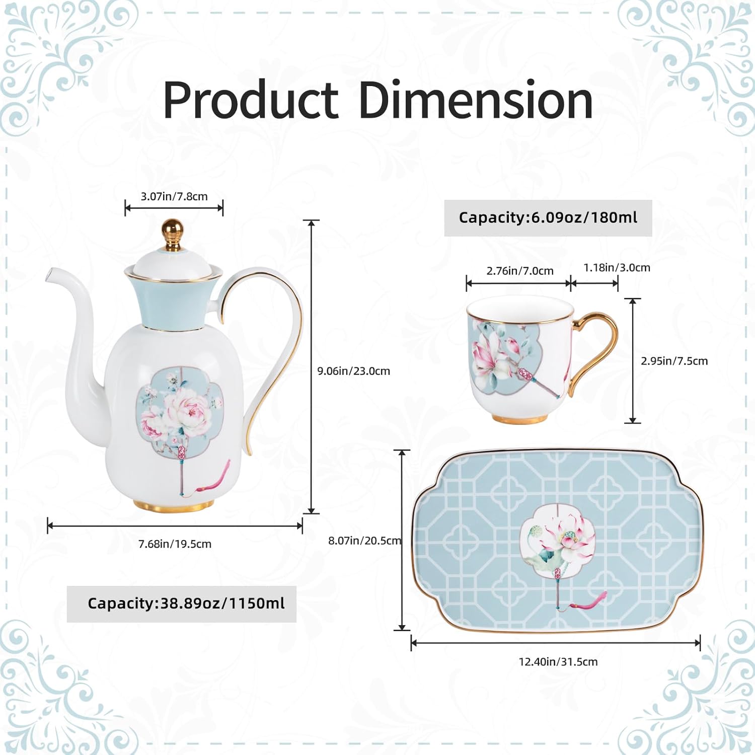 KAMMAK bone china teapot and cups set with gold accents and built-in strainer