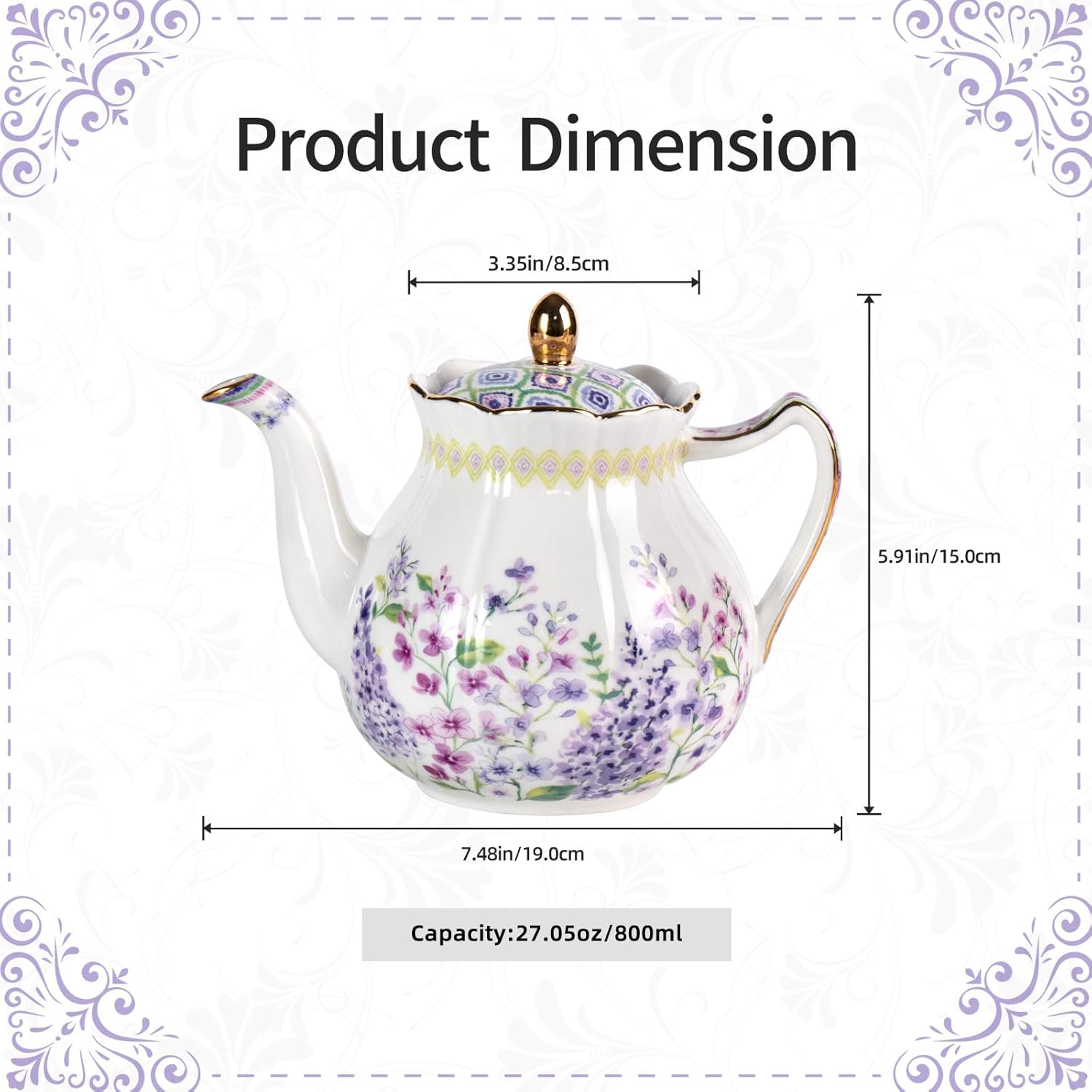 KAMMAK vintage porcelain teapot with gold trim and floral design