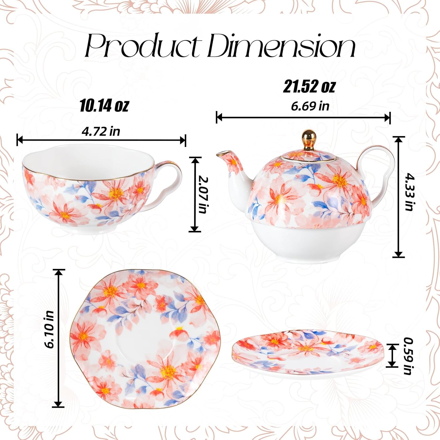 KAMMAK tea for one porcelain teapot and cup set - floral design teapot with teacup and saucer