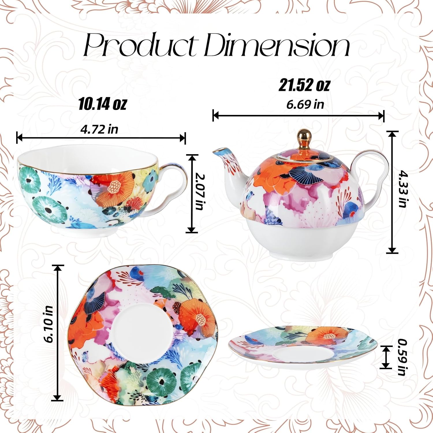 KAMMAK tea for one porcelain teapot and cup set with saucer - floral pattern tea set