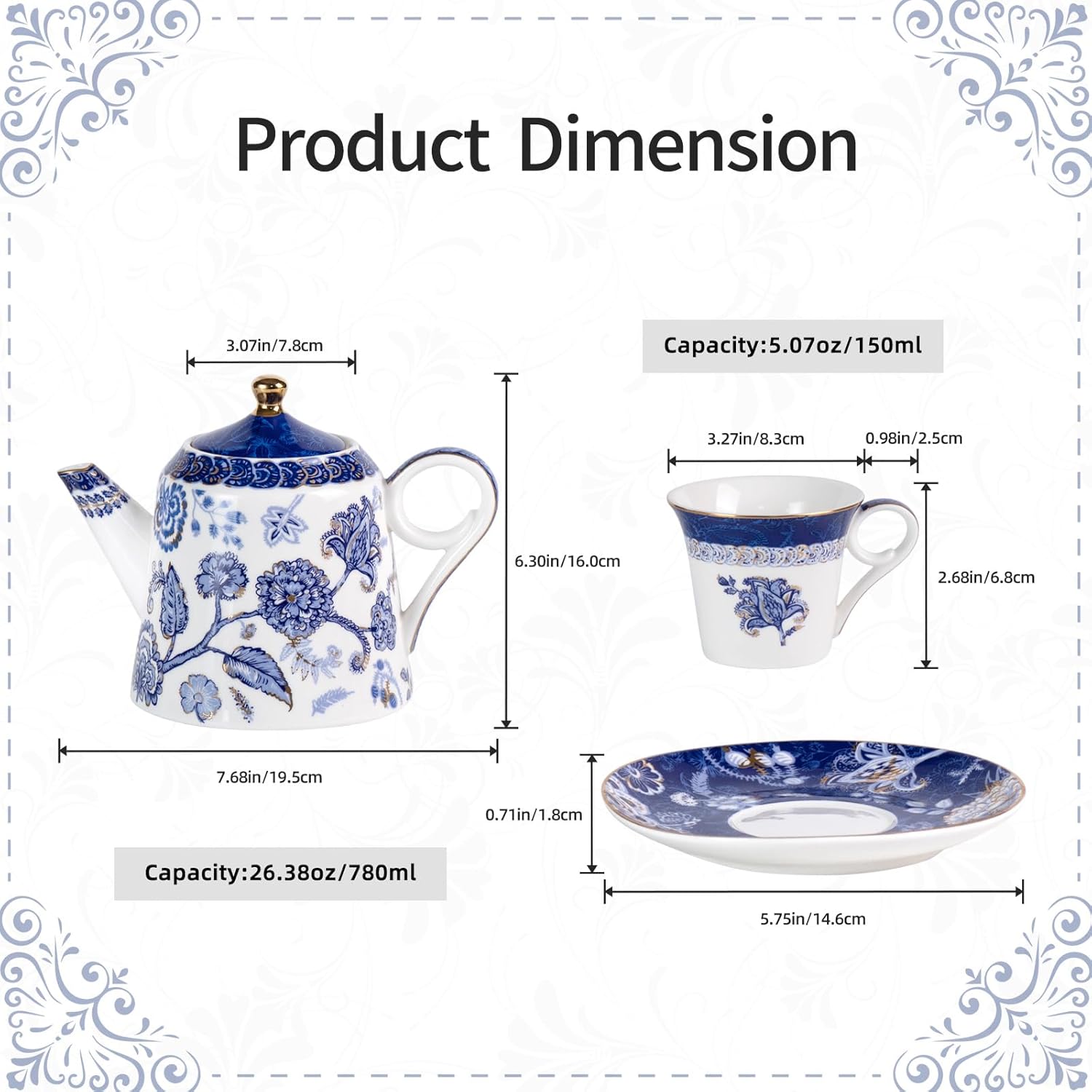KAMMAK royal blue ceramic tea set - 26 oz teapot with two 5 oz teacups, saucers, gold accents, gift box