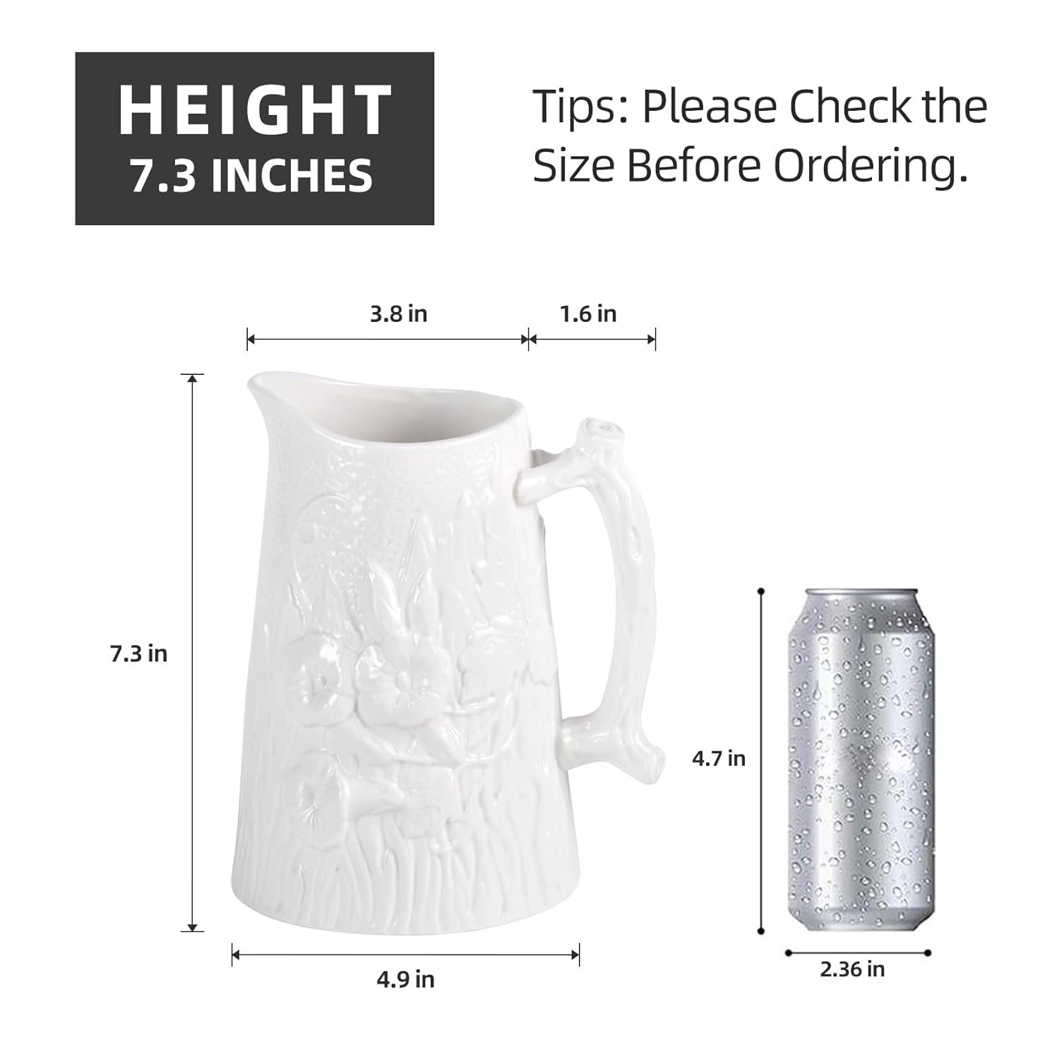 KAMMAK white ceramic vase with handle - morning glory embossed minimalist decorative flower vase