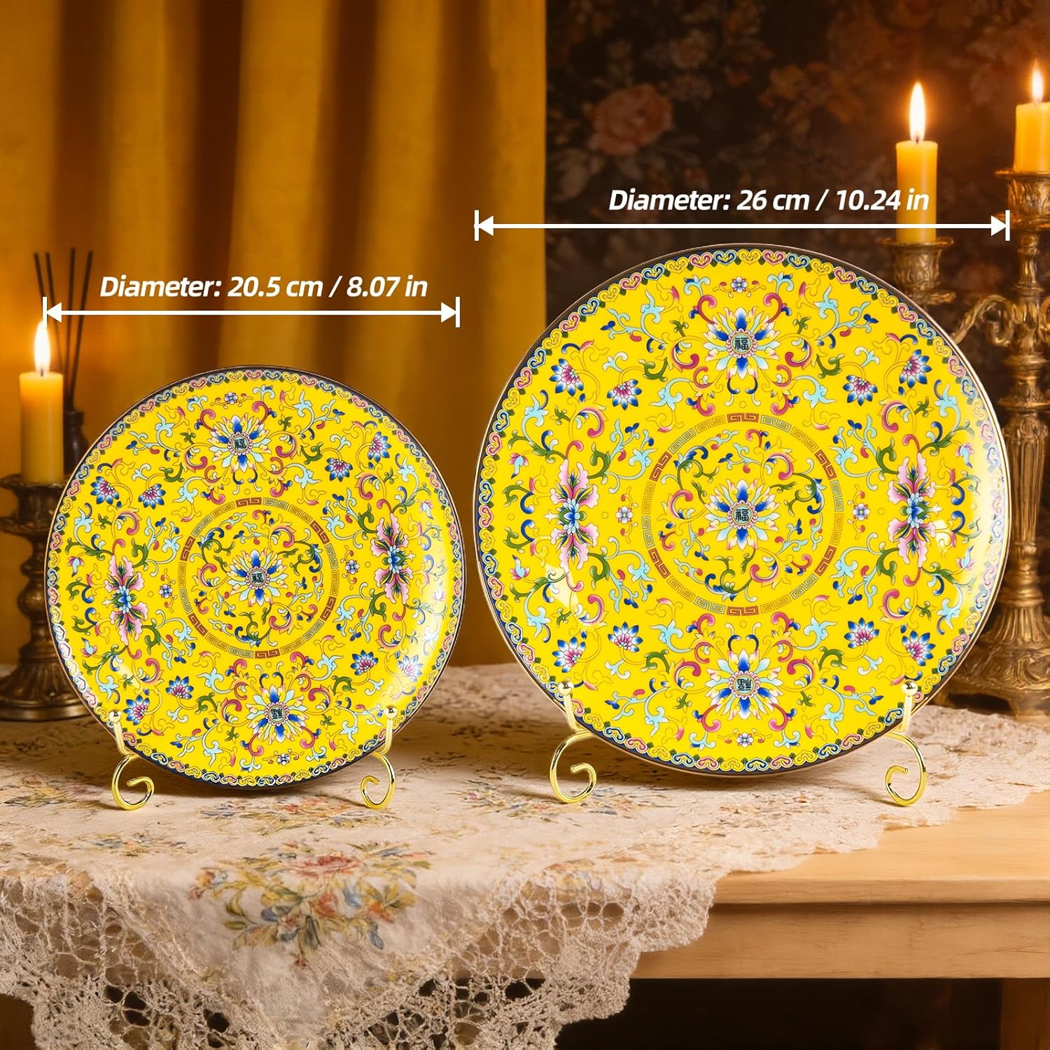 KAMMAK decorative ceramic plate for display - yellow hand-painted plate decor with stand