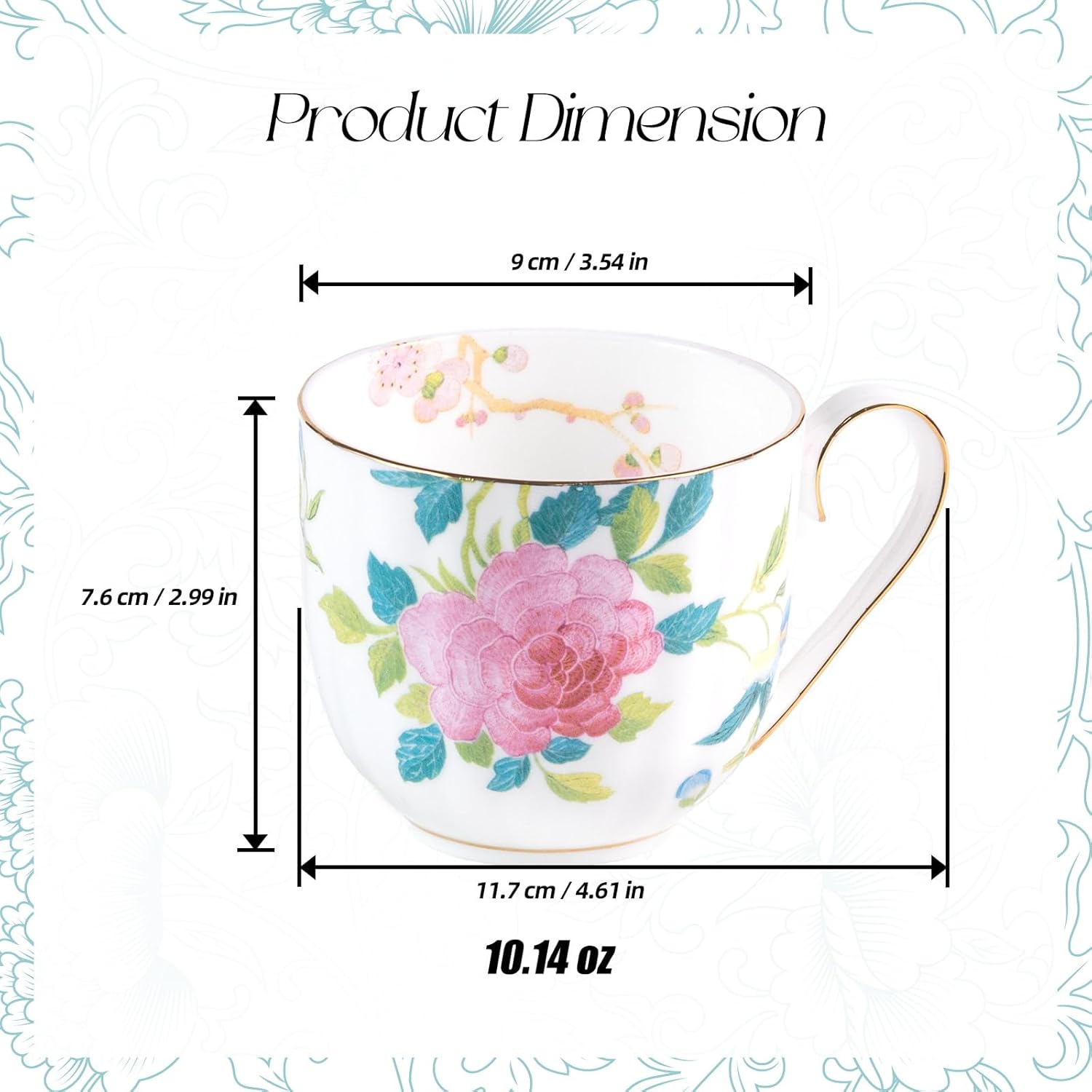 KAMMAK floral bone china mugs set of 2, 10.14 oz ceramic coffee cups with gift box