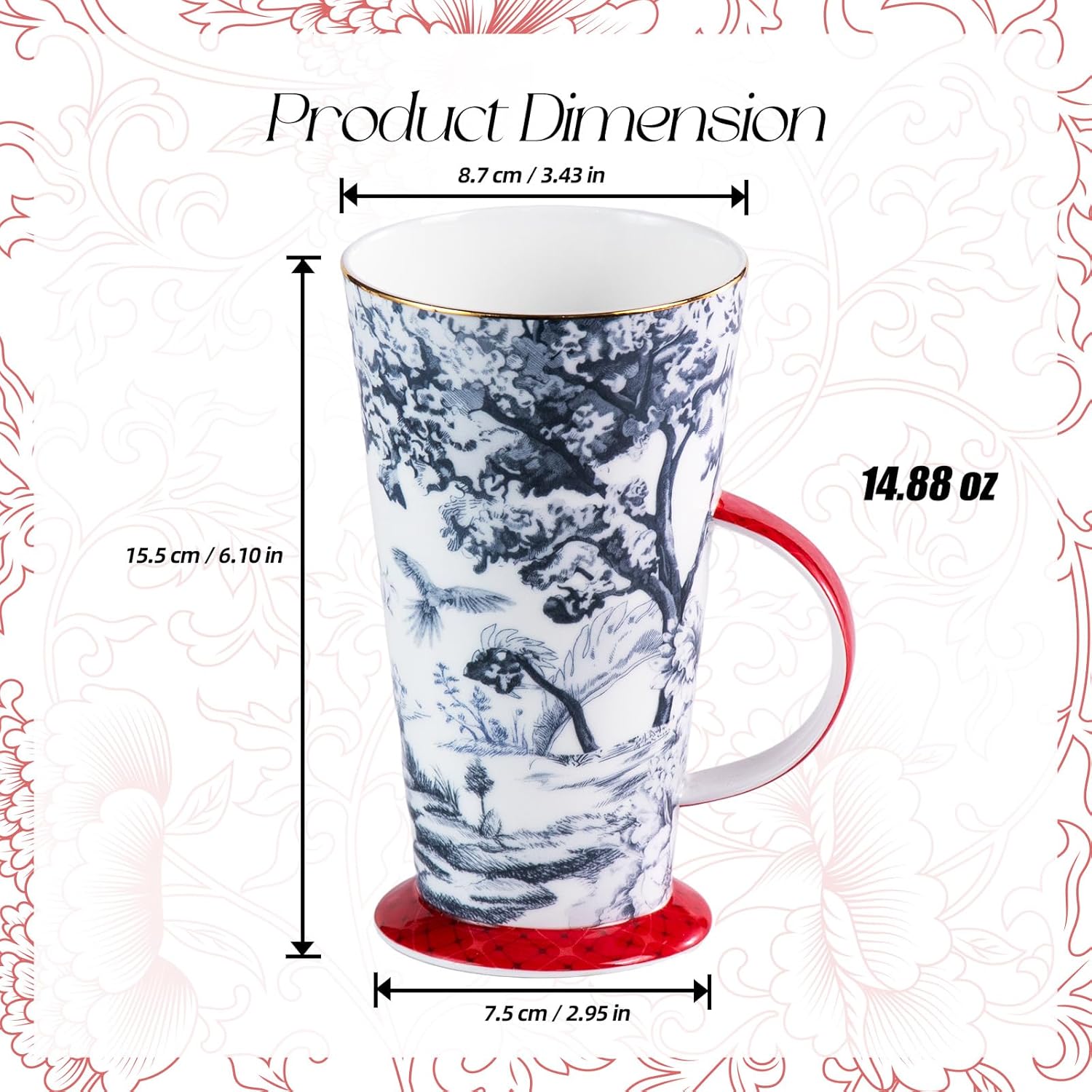 KAMMAK tall bone china mugs set of 2, 14.8 oz coffee cups with gold rim and ink-wash design