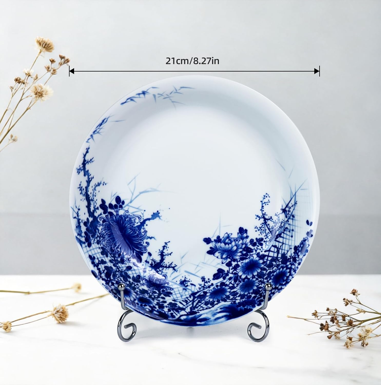 KAMMAK white and blue ceramic decorative plate with stand - hand-painted blue-and-white motif