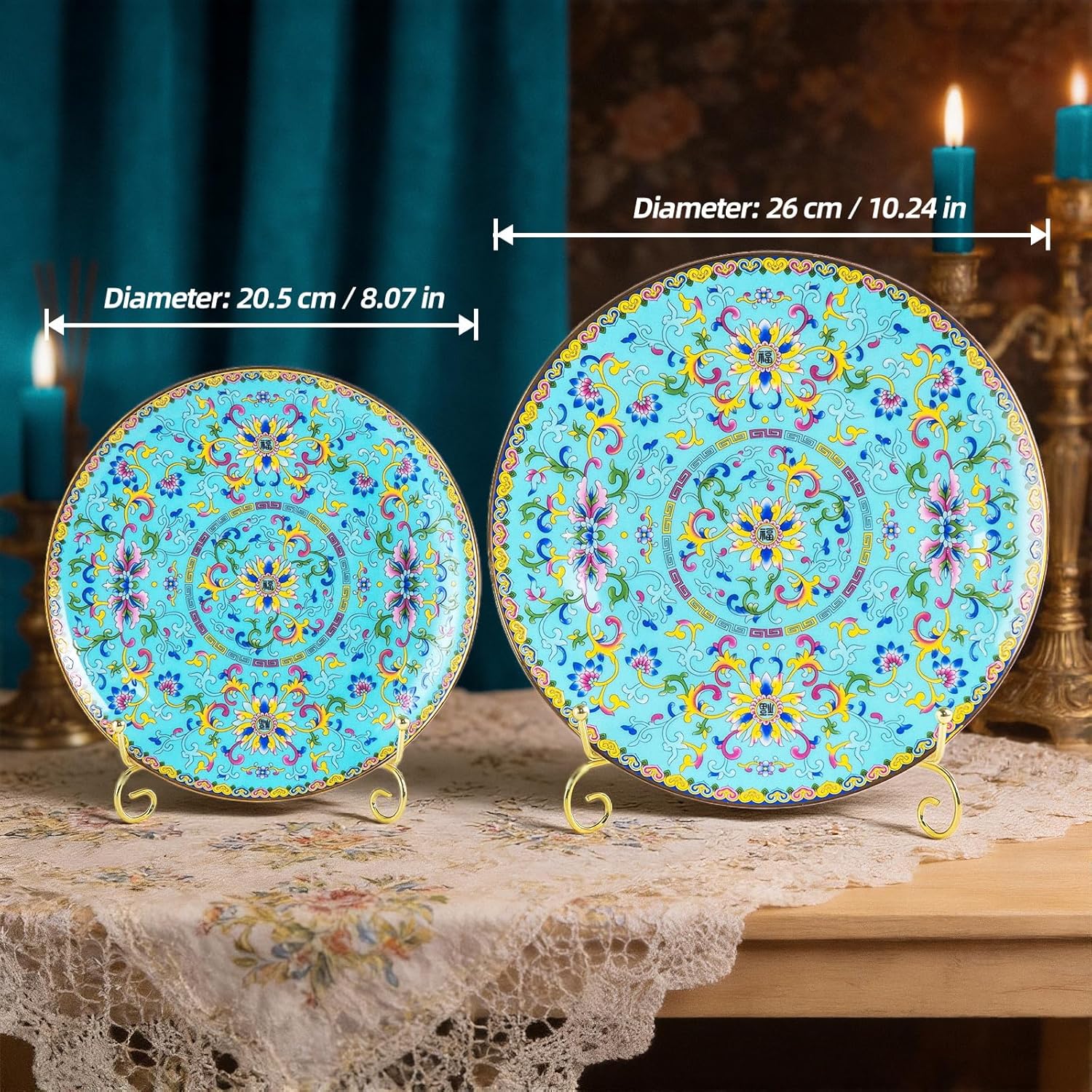 KAMMAK blue ceramic decorative plate with stand - hand-painted display plate