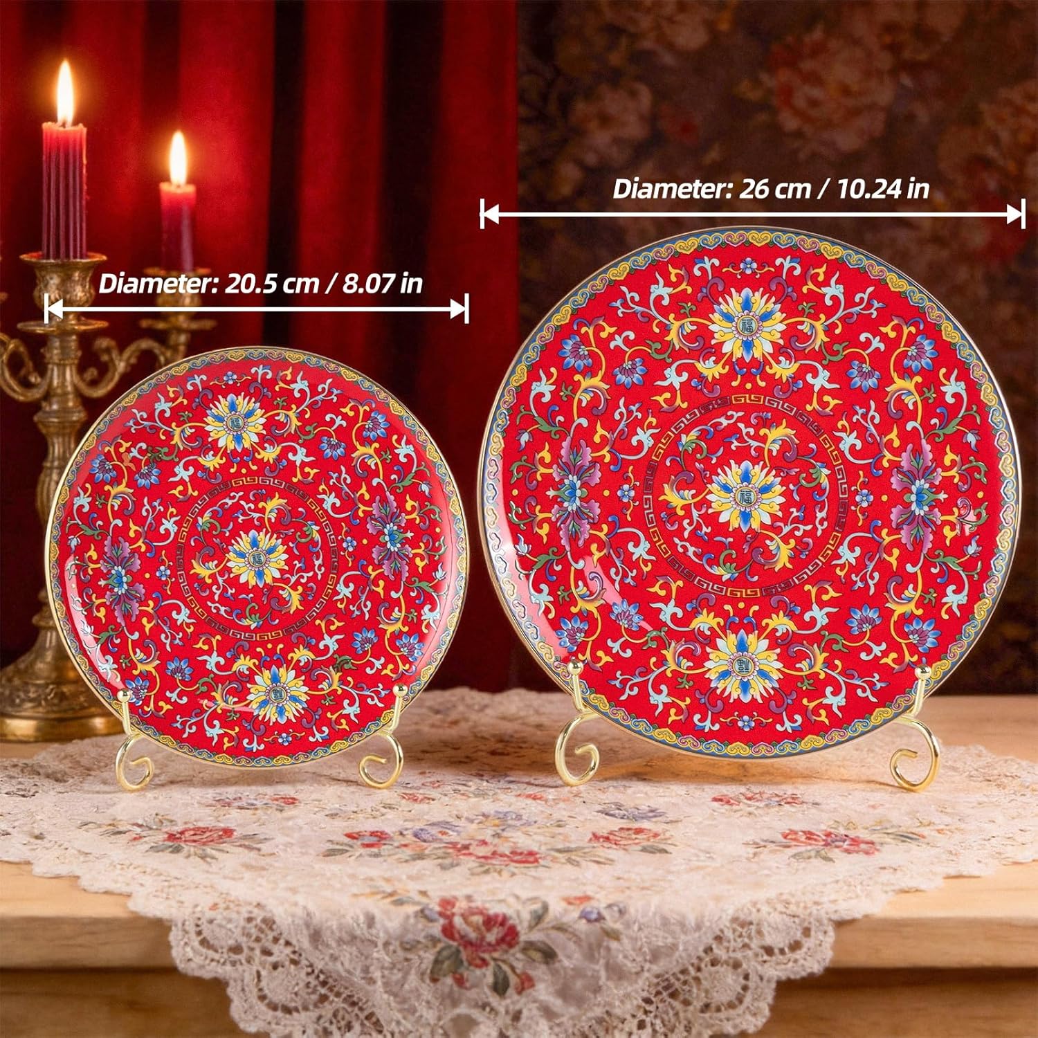 KAMMAK red ceramic decorative plate with stand - hand-painted display plate