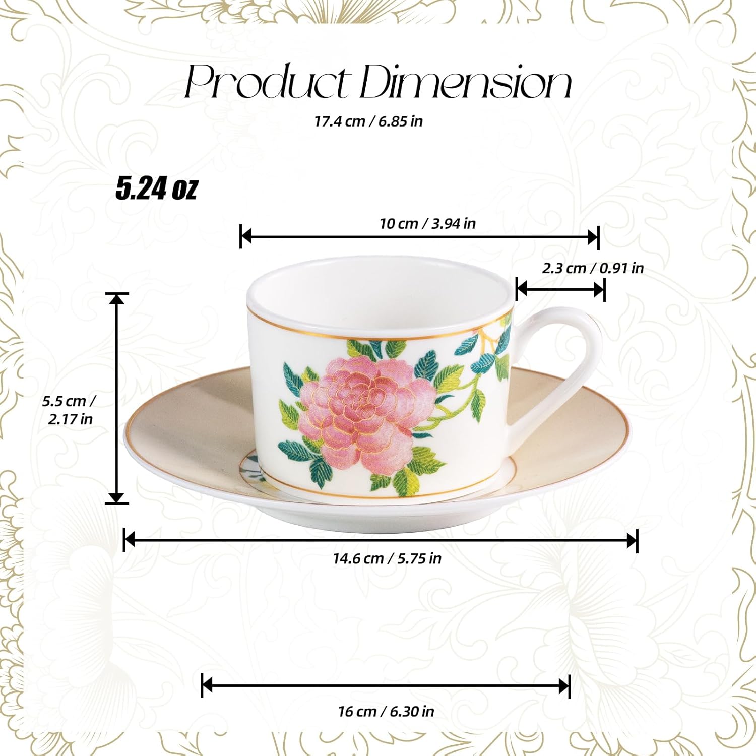 KAMMAK tea cups and saucers set of 2 - fine bone china stackable coffee cups