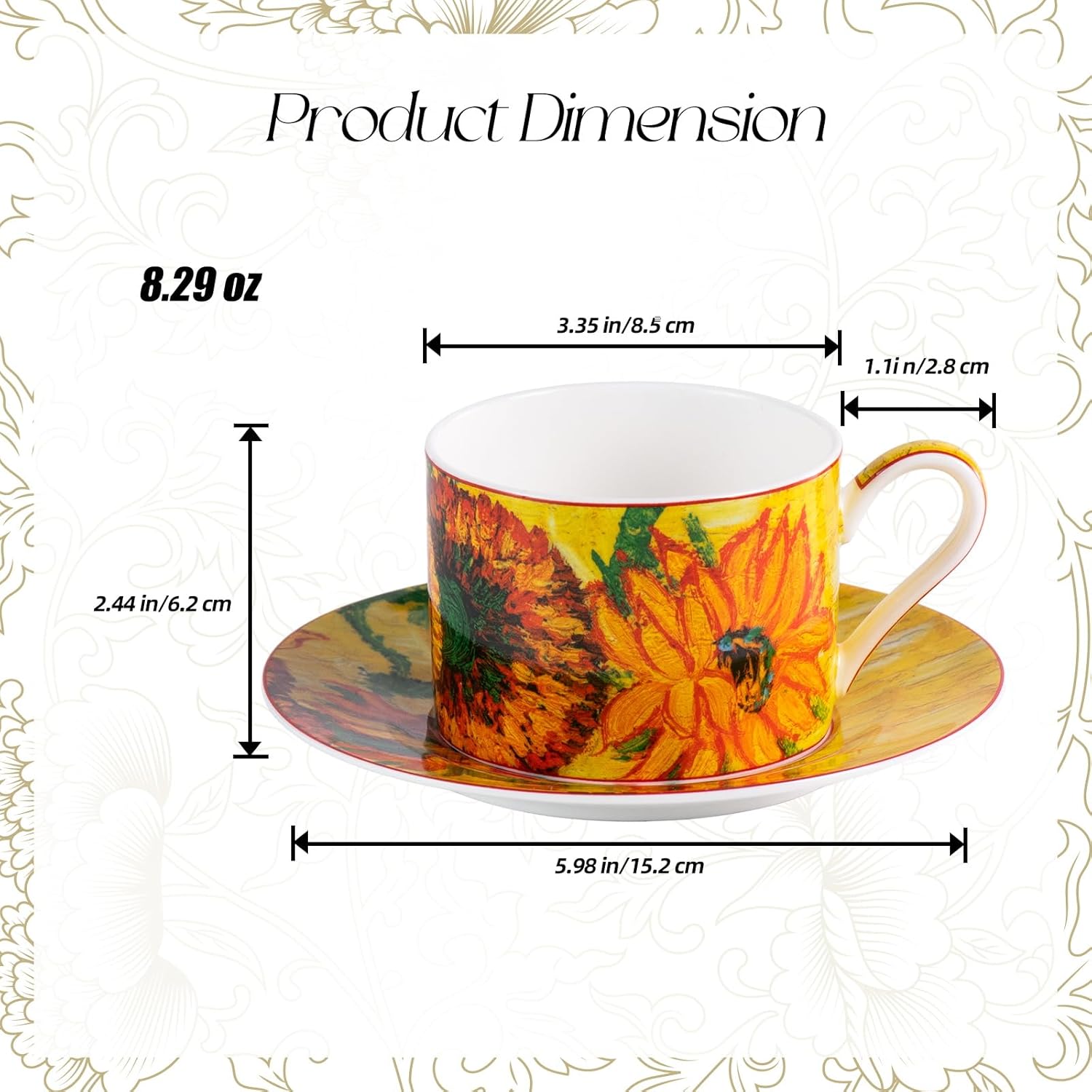 KAMMAK tea cups and saucers set of 2, fine bone china coffee cups, stackable design