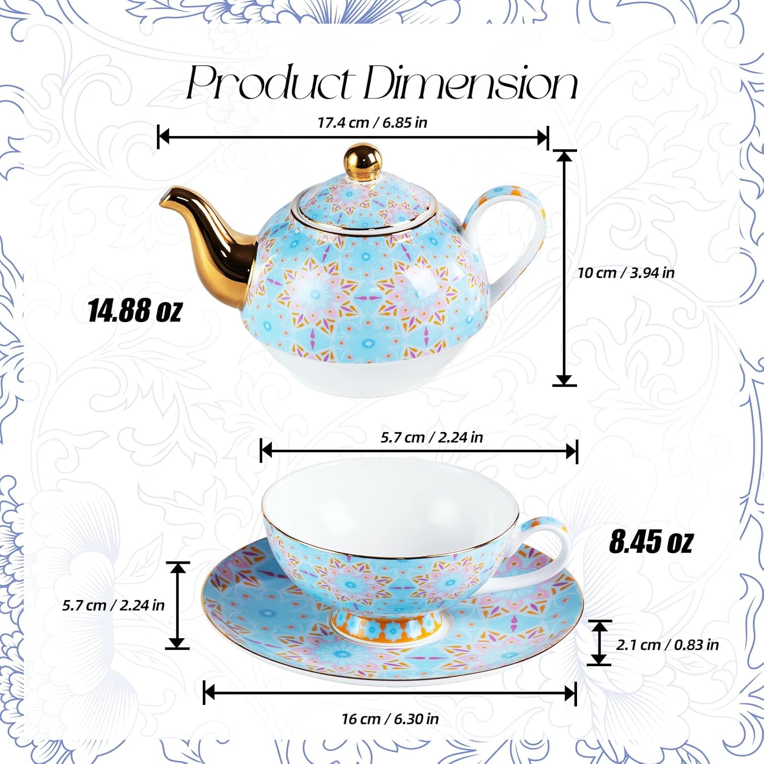 KAMMAK tea for one set - bone china teapot and cup with saucer, blue floral with gold accents