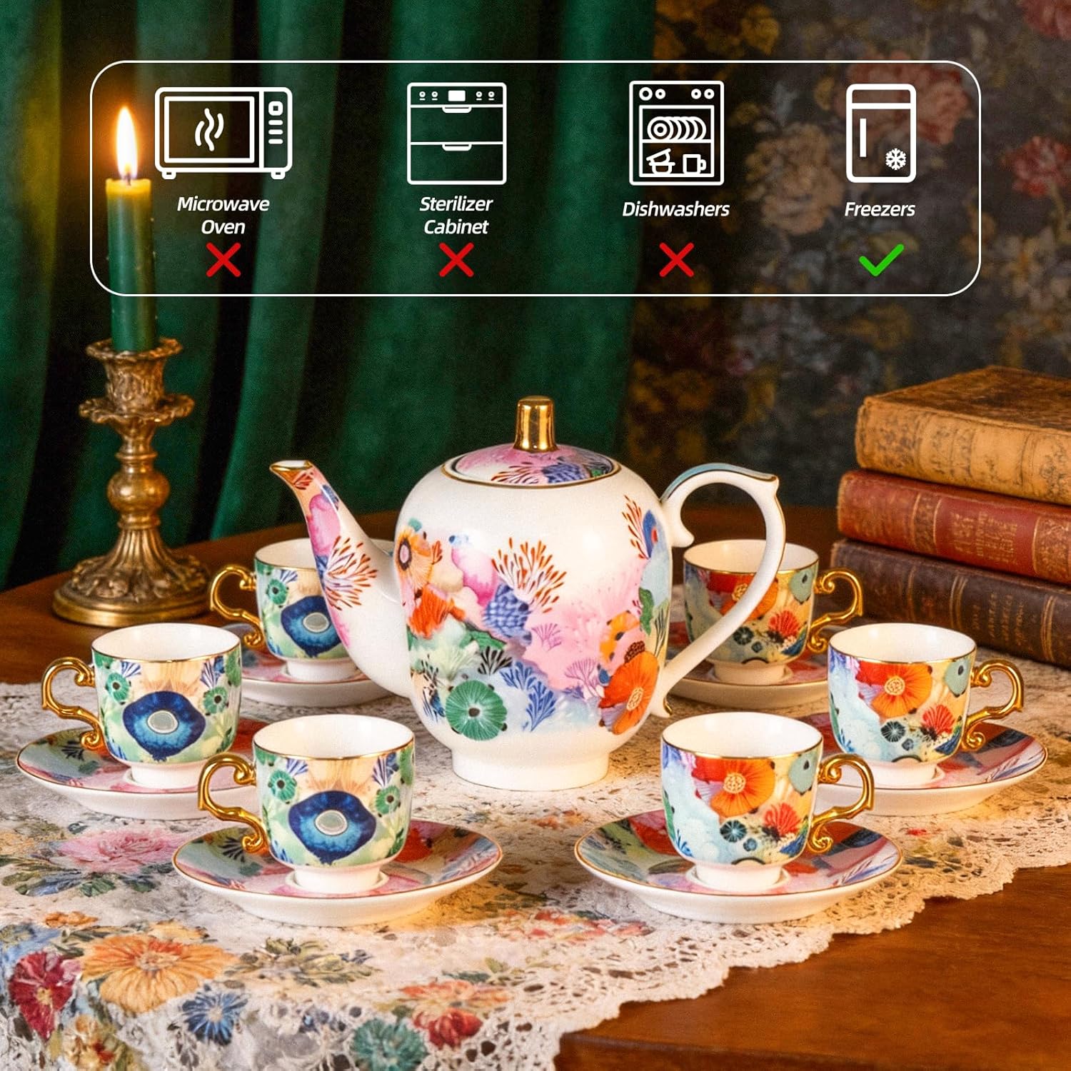 KAMMAK Tea Set with teapot and 6 teacups with saucers - vibrant modern patterns