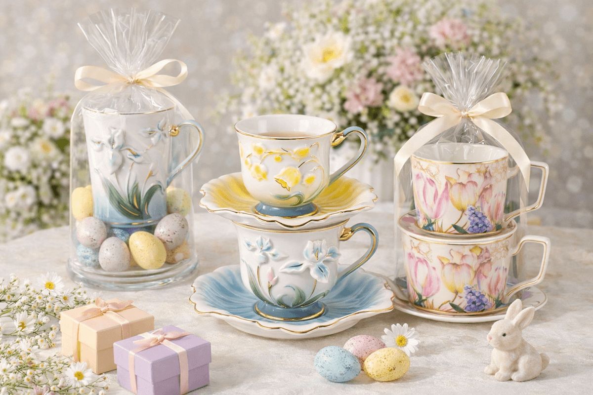 Easter party favors ideas with glassware and floral coffee cups