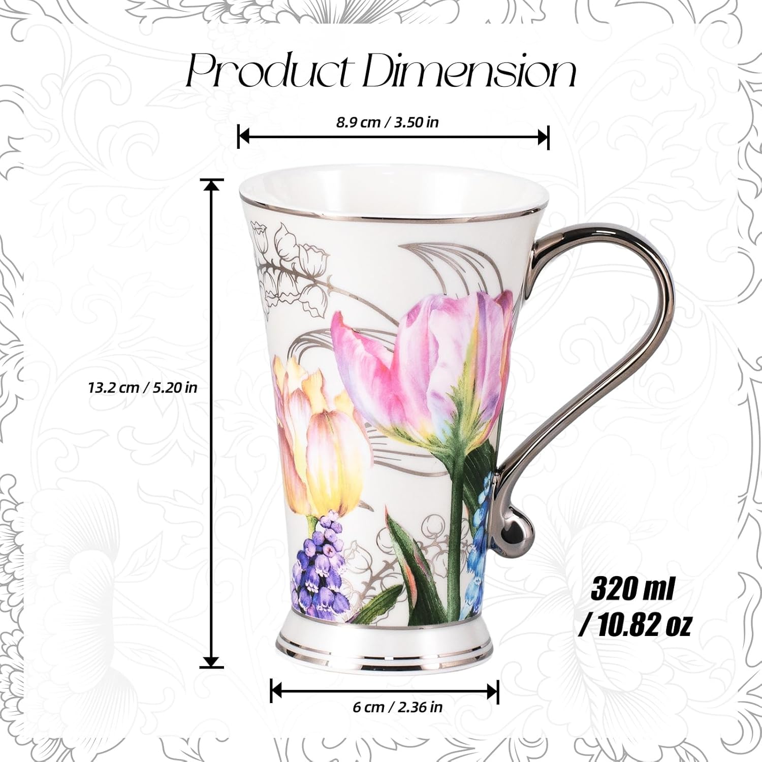 KAMMAK bone china mug with gold rim and elegant floral detailing