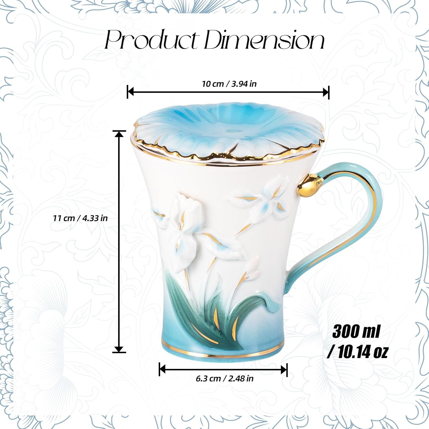 KAMMAK ceramic floral mug with lid and gold trim