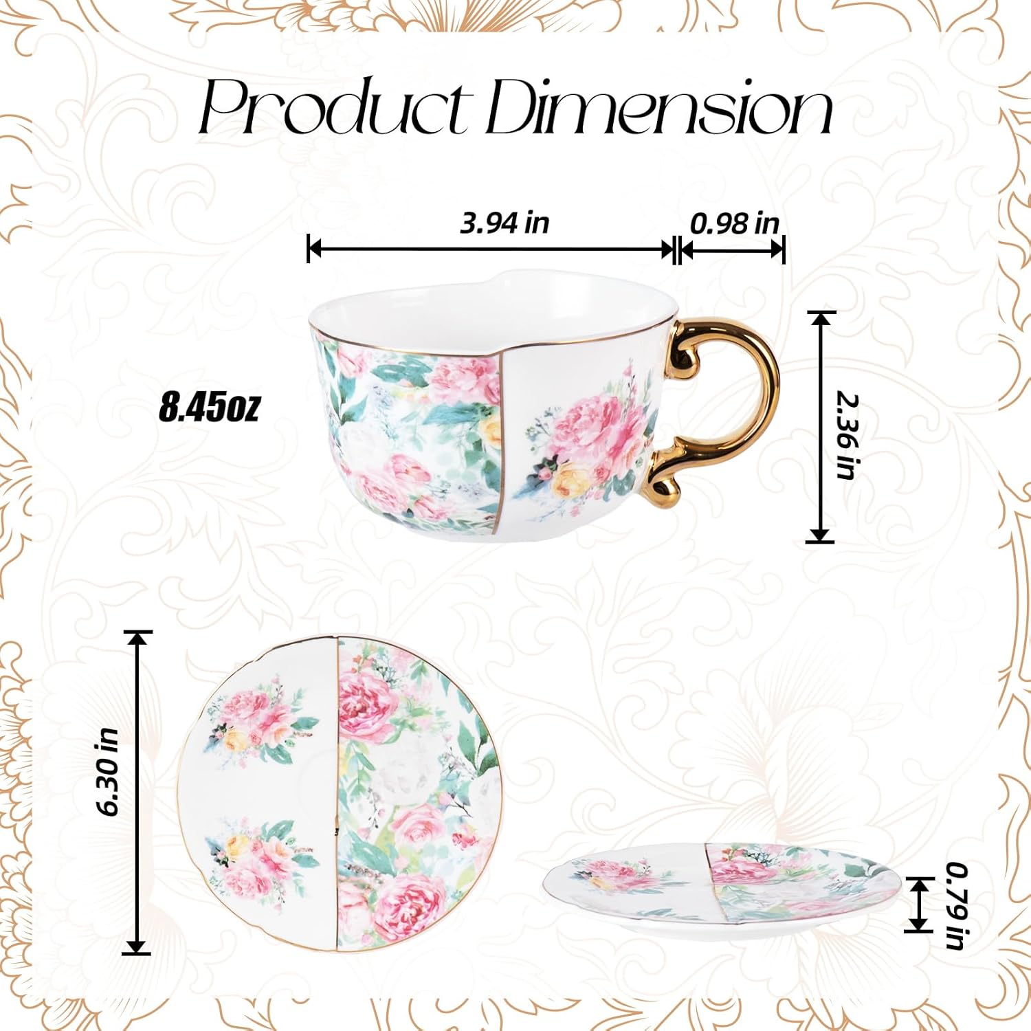 KAMMAK fine bone china coffee cups and saucers set of 2 with elegant floral pattern
