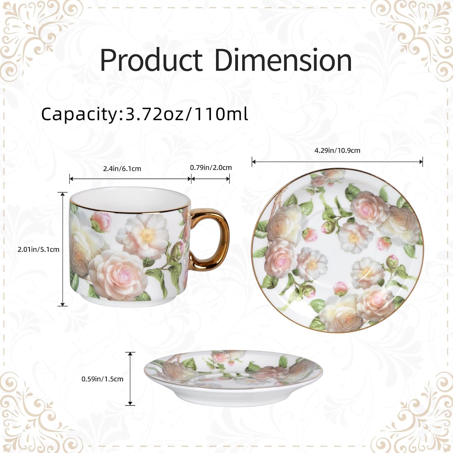 KAMMAK fine bone china tea cups and saucers set of 2 with elegant floral detailing