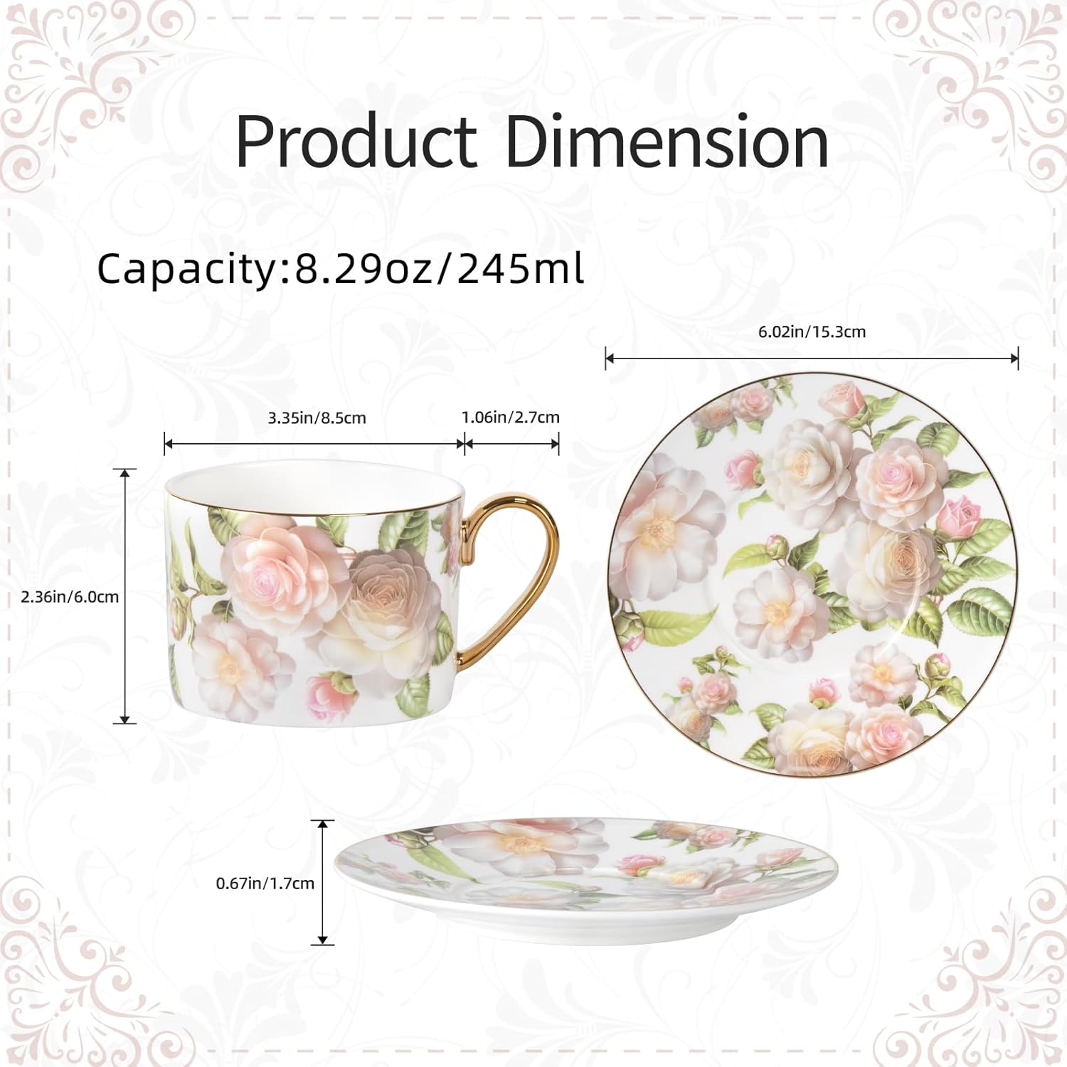 KAMMAK fine bone china tea cups and saucers set of 2 with elegant floral detailing