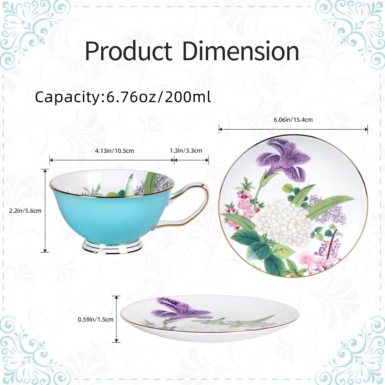 KAMMAK fine bone china tea cups and saucers set of 2 with elegant floral design
