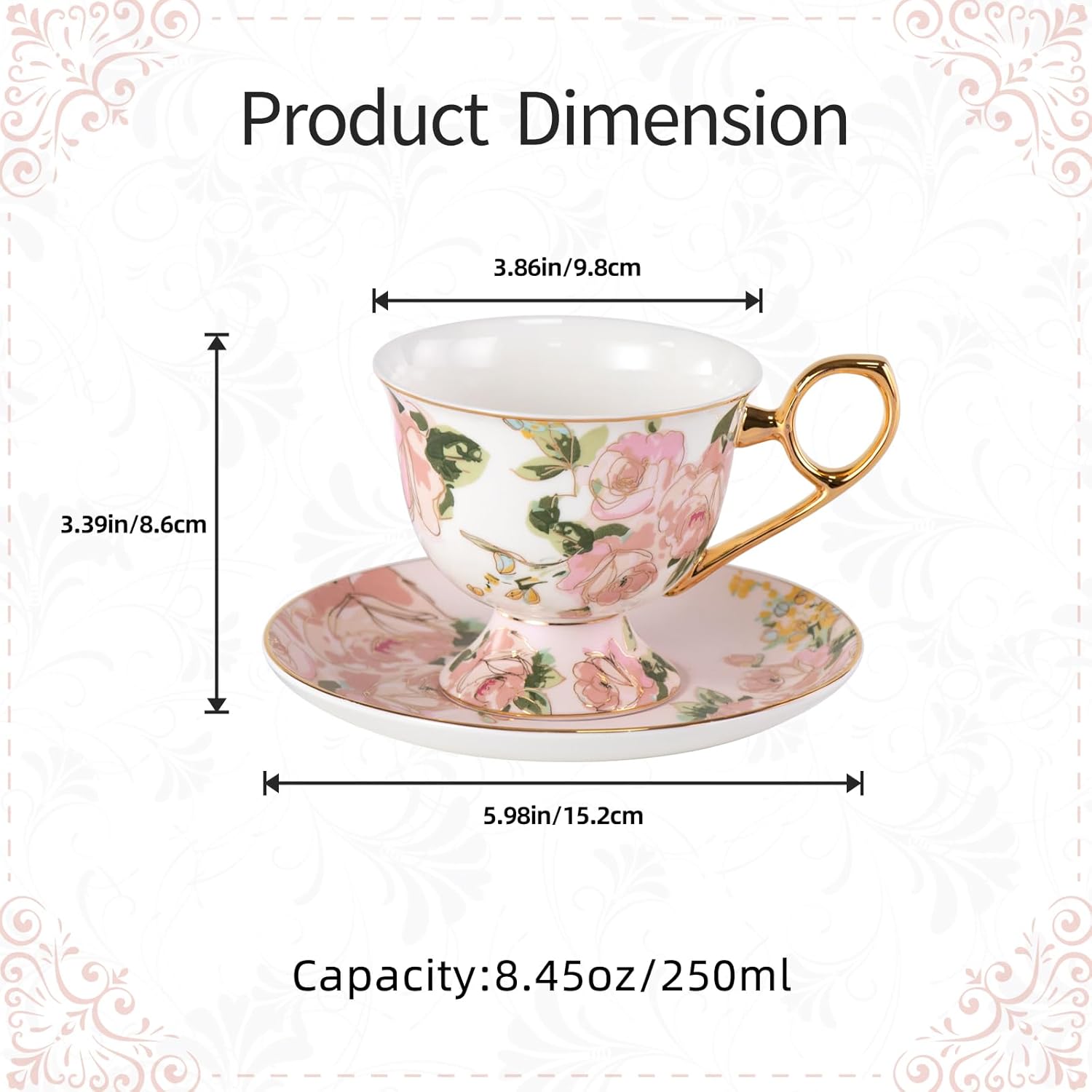 KAMMAK fine bone china tea cups and saucers set of 2 with elegant glossy finish