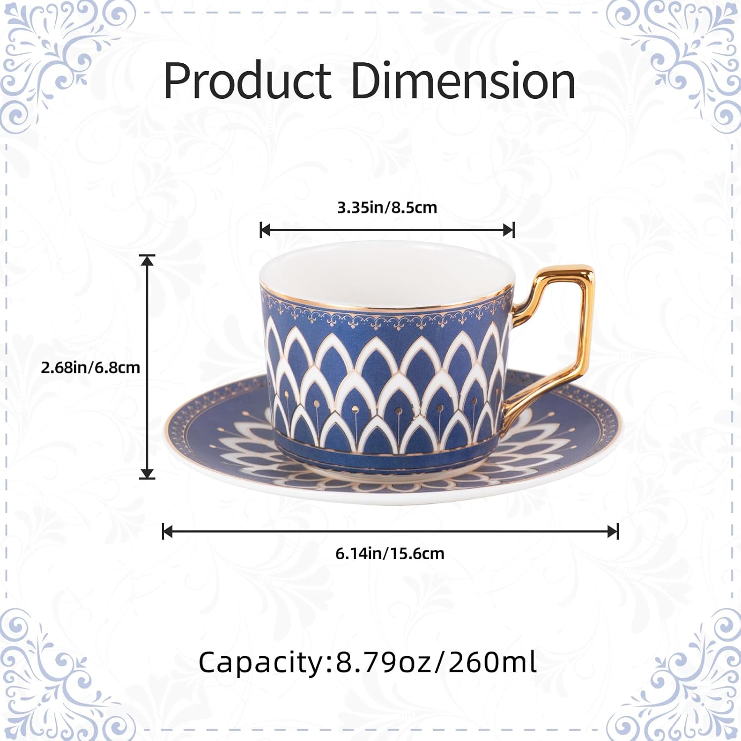 KAMMAK fine bone china tea cups and saucers set of 2 with elegant floral design
