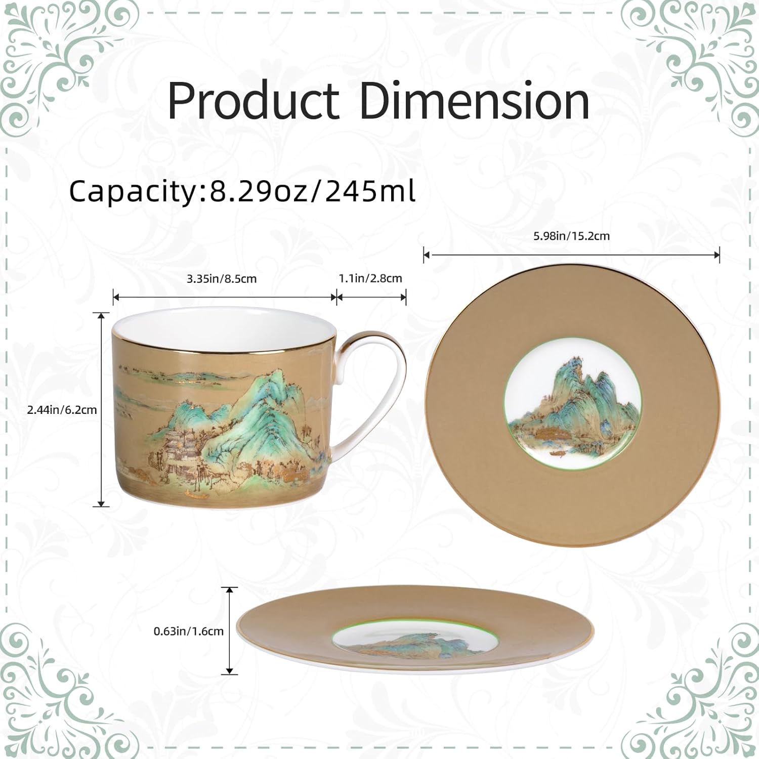 KAMMAK tea cups and saucers set of 2 - fine bone china stackable coffee cups with saucers