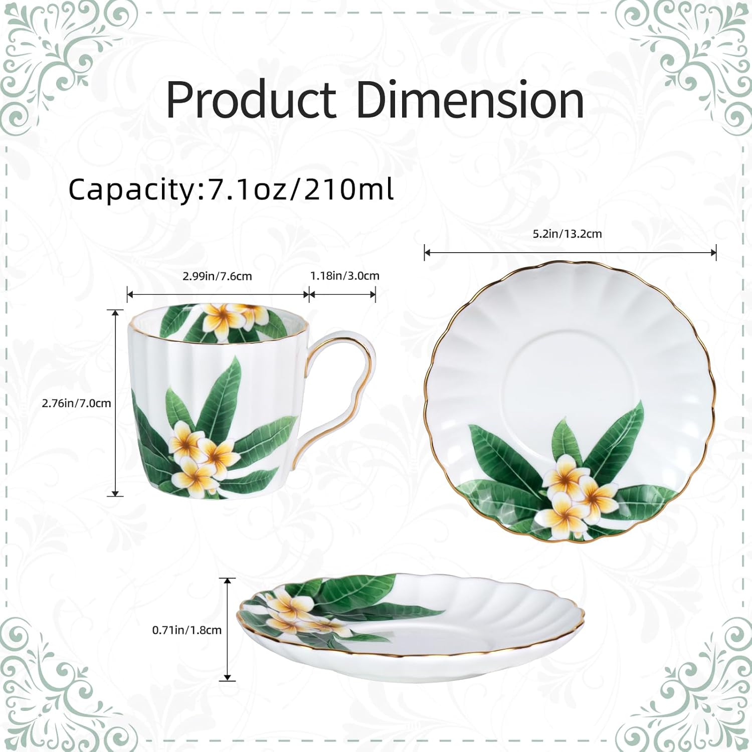 KAMMAK tea cups and saucers set of 2 - fine bone china stackable cup and saucer set