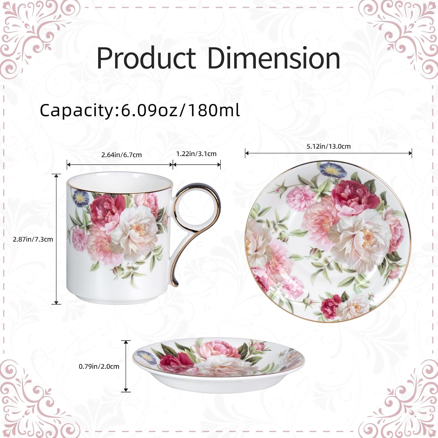 KAMMAK tea cups and saucers set of 2 - fine bone china stackable coffee cups with saucers
