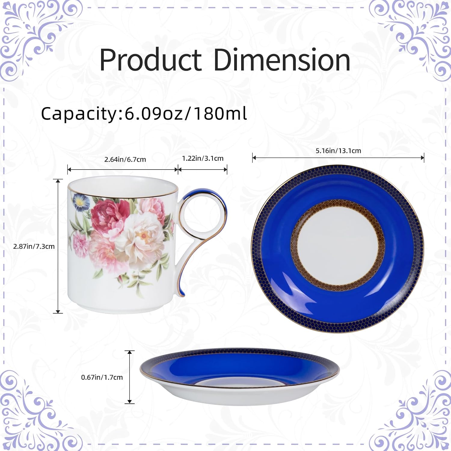 KAMMAK tea cups and saucers set of 2 - fine bone china stackable cup and saucer set