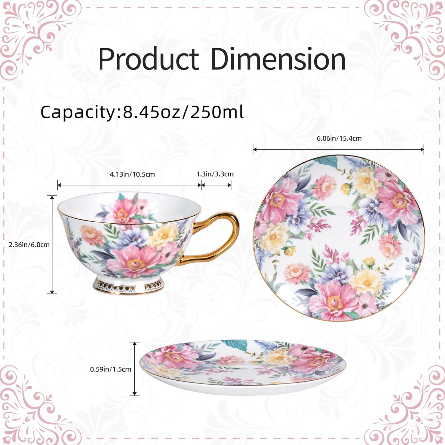 KAMMAK tea cups and saucers set of 2 - fine bone china stackable cup and saucer set