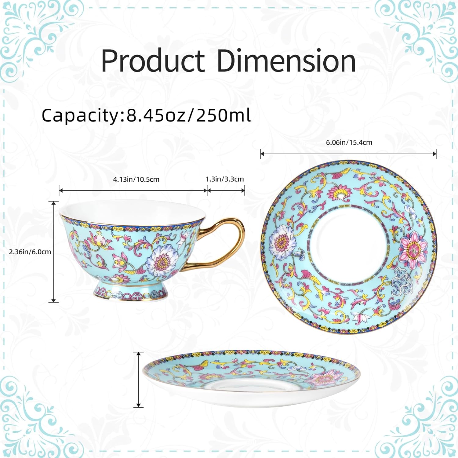 KAMMAK fine bone china tea cups and saucers set of 2 with elegant floral design