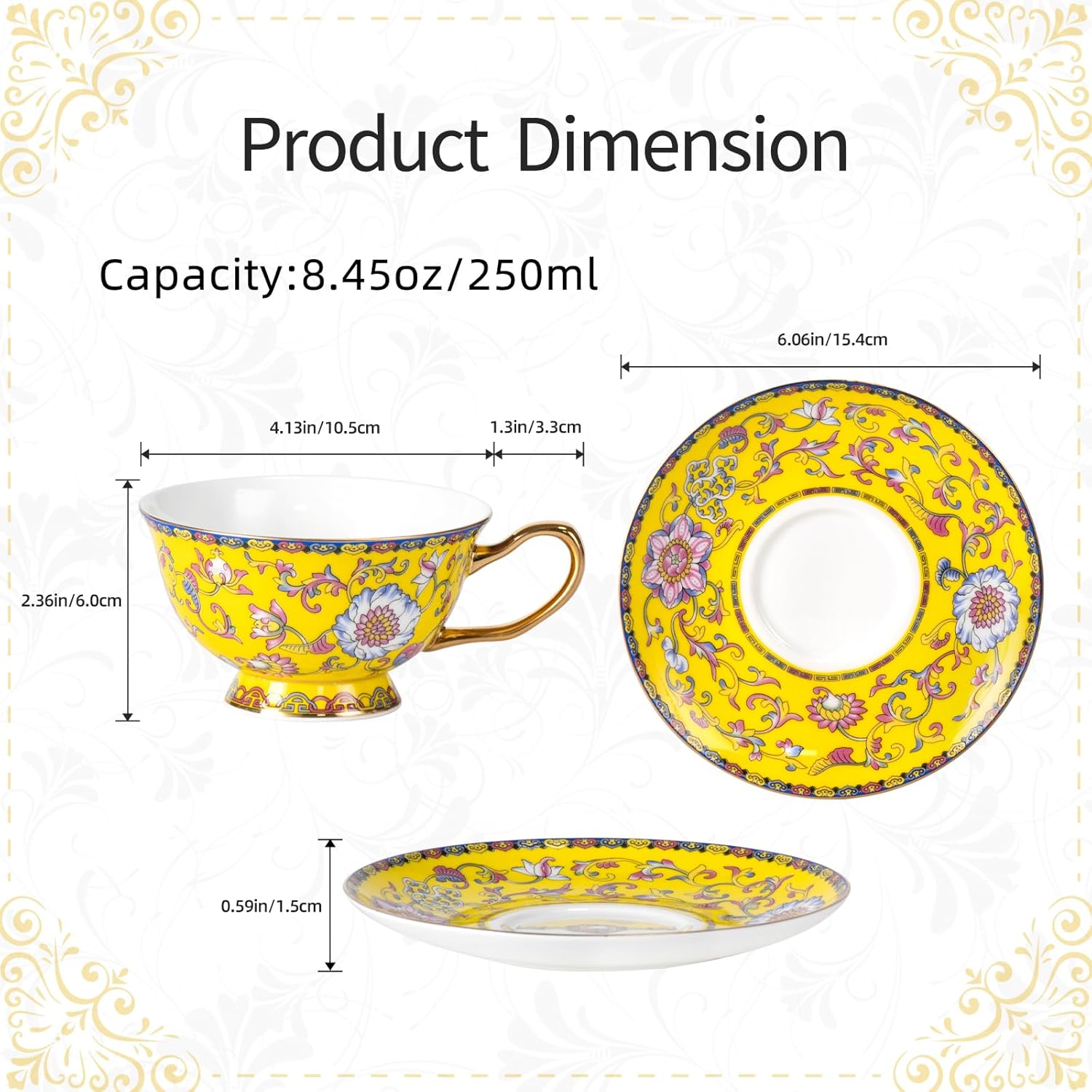 KAMMAK fine bone china tea cups and saucers set of 2 with elegant floral pattern