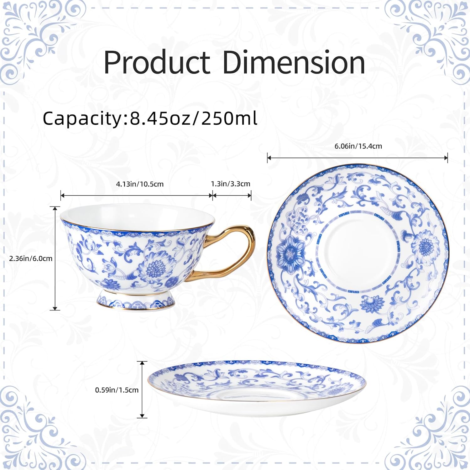 KAMMAK fine bone china tea cups and saucers set of 2 with elegant floral design