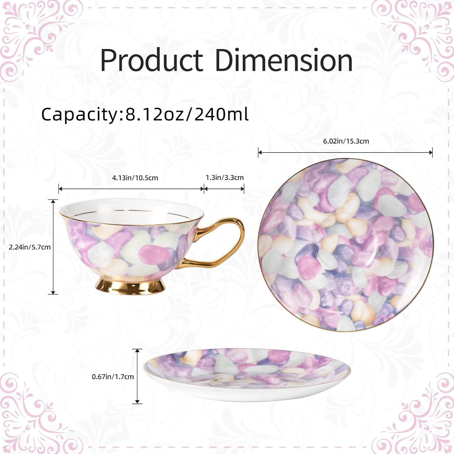 KAMMAK fine bone china tea cups and saucers set of 2 with elegant floral pattern