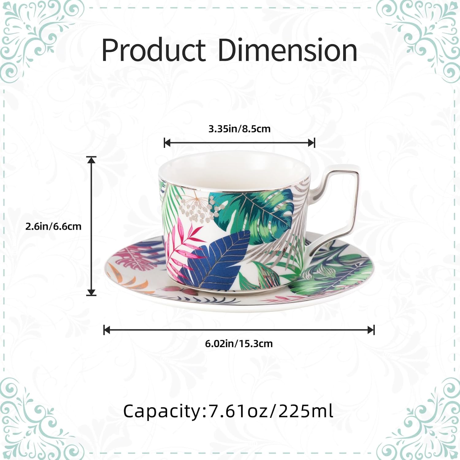 KAMMAK porcelain tea cups and saucers set of 2 with elegant vintage-inspired design
