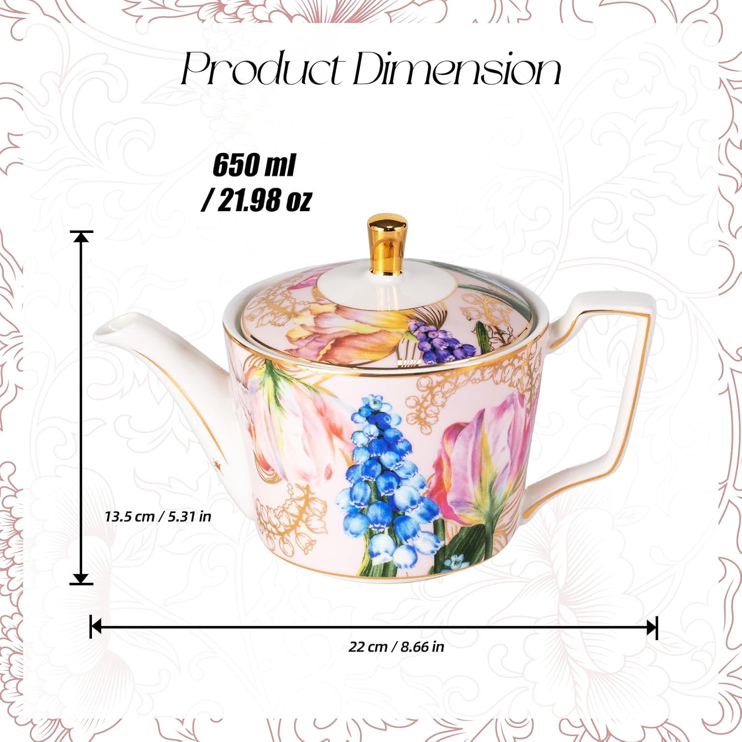 KAMMAK vintage floral teapot with gold trim and elegant porcelain finish