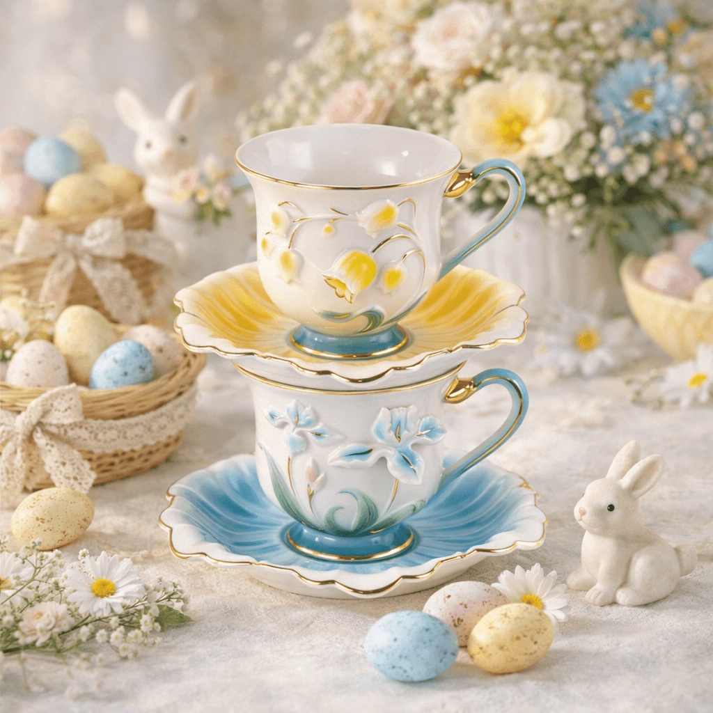 Floral coffee cup and saucer with lid for Easter spring gifting