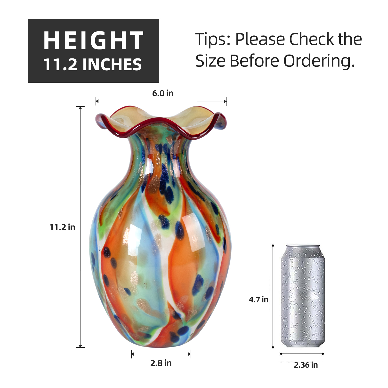 KAMMAK colorful hand blown glass vase with round wide mouth design