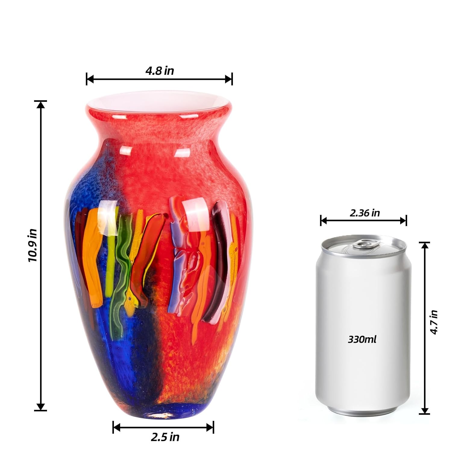 KAMMAK hand-blown blue and red art glass vase with sculptural irregular neck