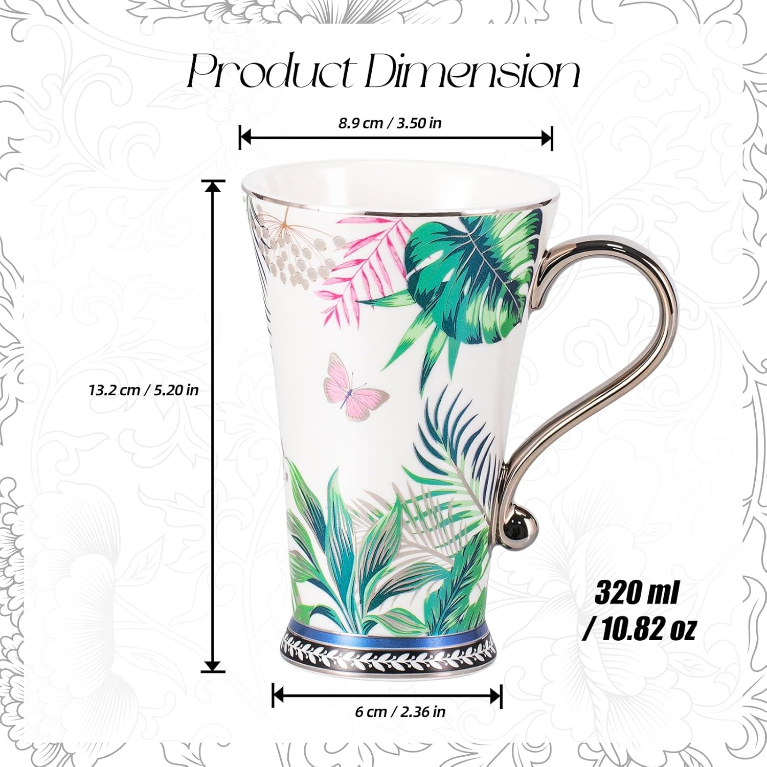 KAMMAK bone china mug with gold rim and elegant floral detailing