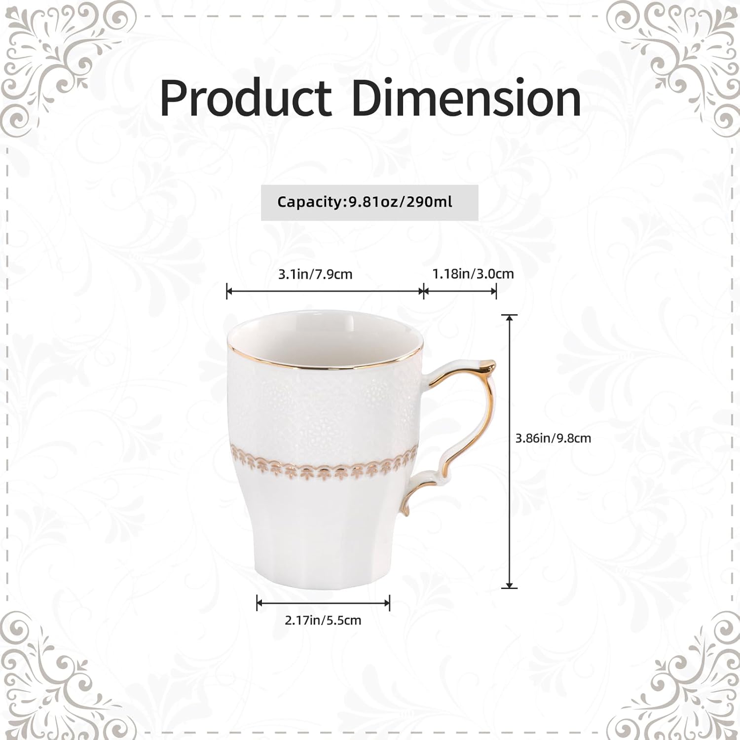 KAMMAK ceramic mug set of 2 - 9.8 oz elegant vintage coffee and tea cups