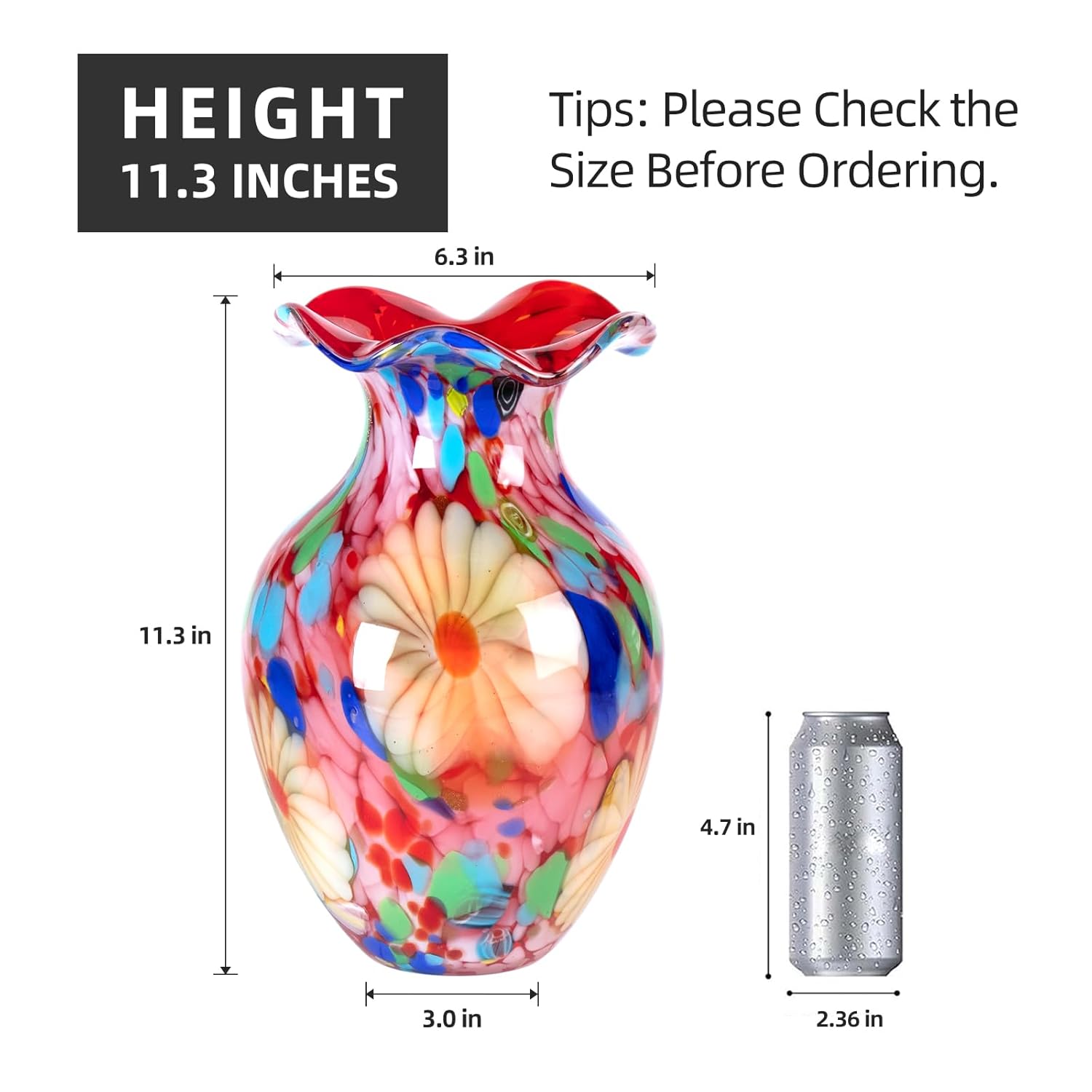 KAMMAK colorful hand blown glass vase with round wide mouth design
