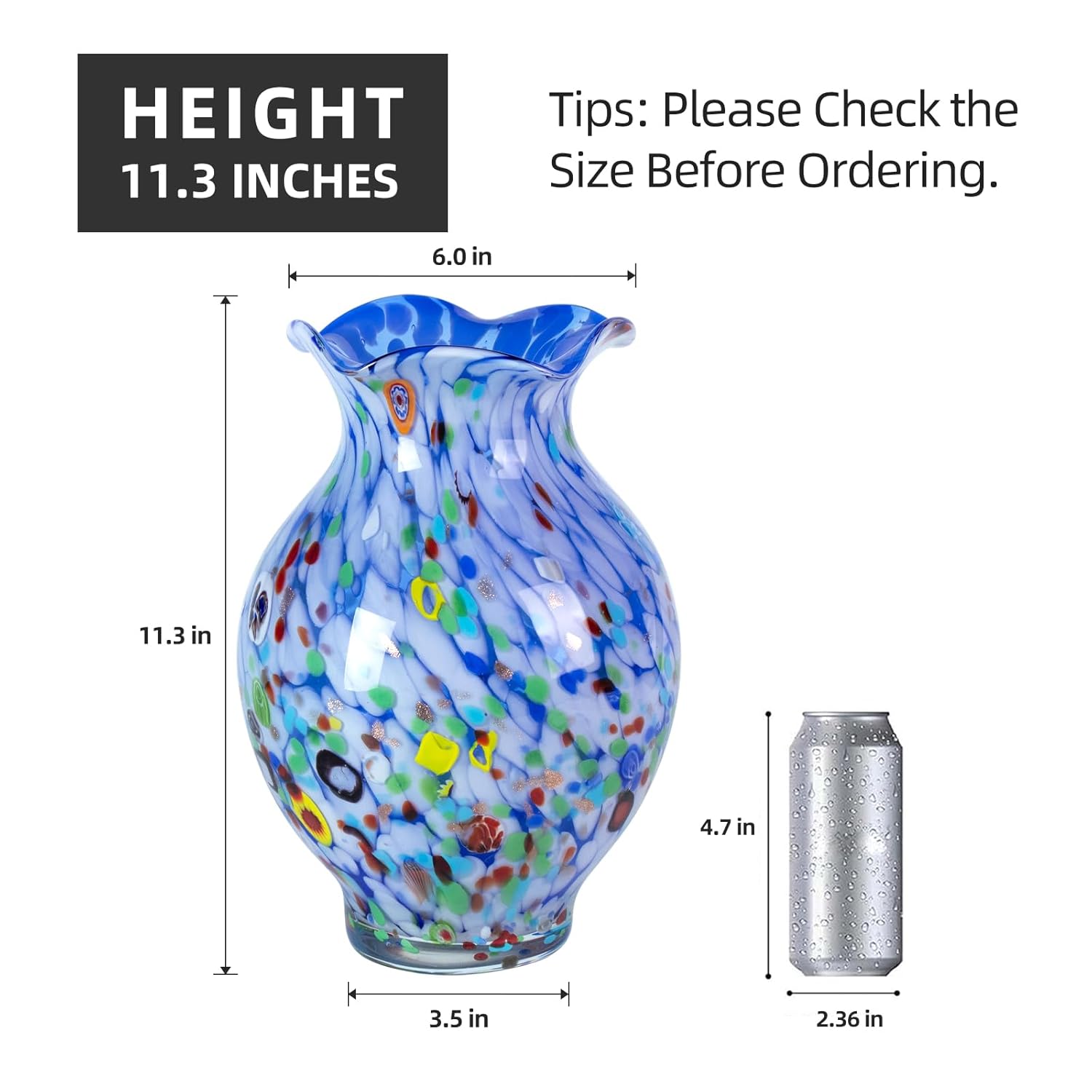 KAMMAK colorful hand blown glass vase with round wide mouth design