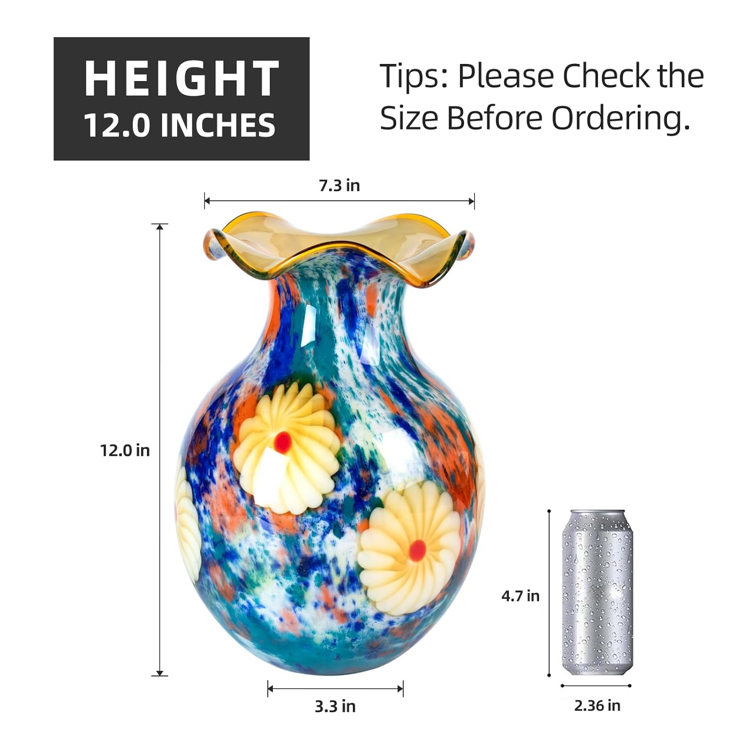 KAMMAK colorful hand blown glass vase with round wide mouth design