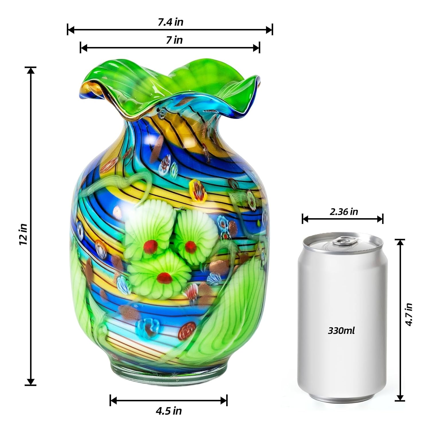 KAMMAK colorful hand blown glass vase with round wide mouth design