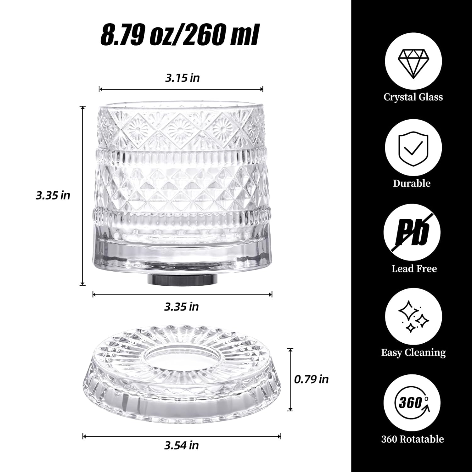 KAMMAK crystal whiskey glasses set of 2 8.79 oz rotatable old fashioned glasses