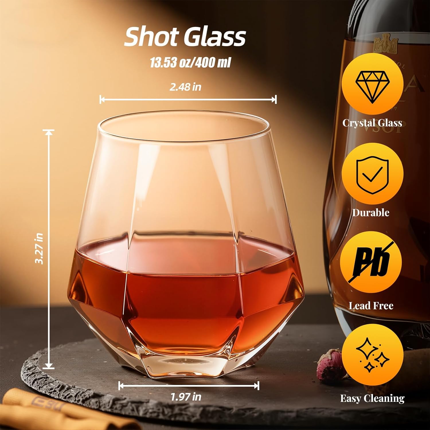 KAMMAK hexagonal whiskey glass 13.53 oz 400 ml faceted tumbler