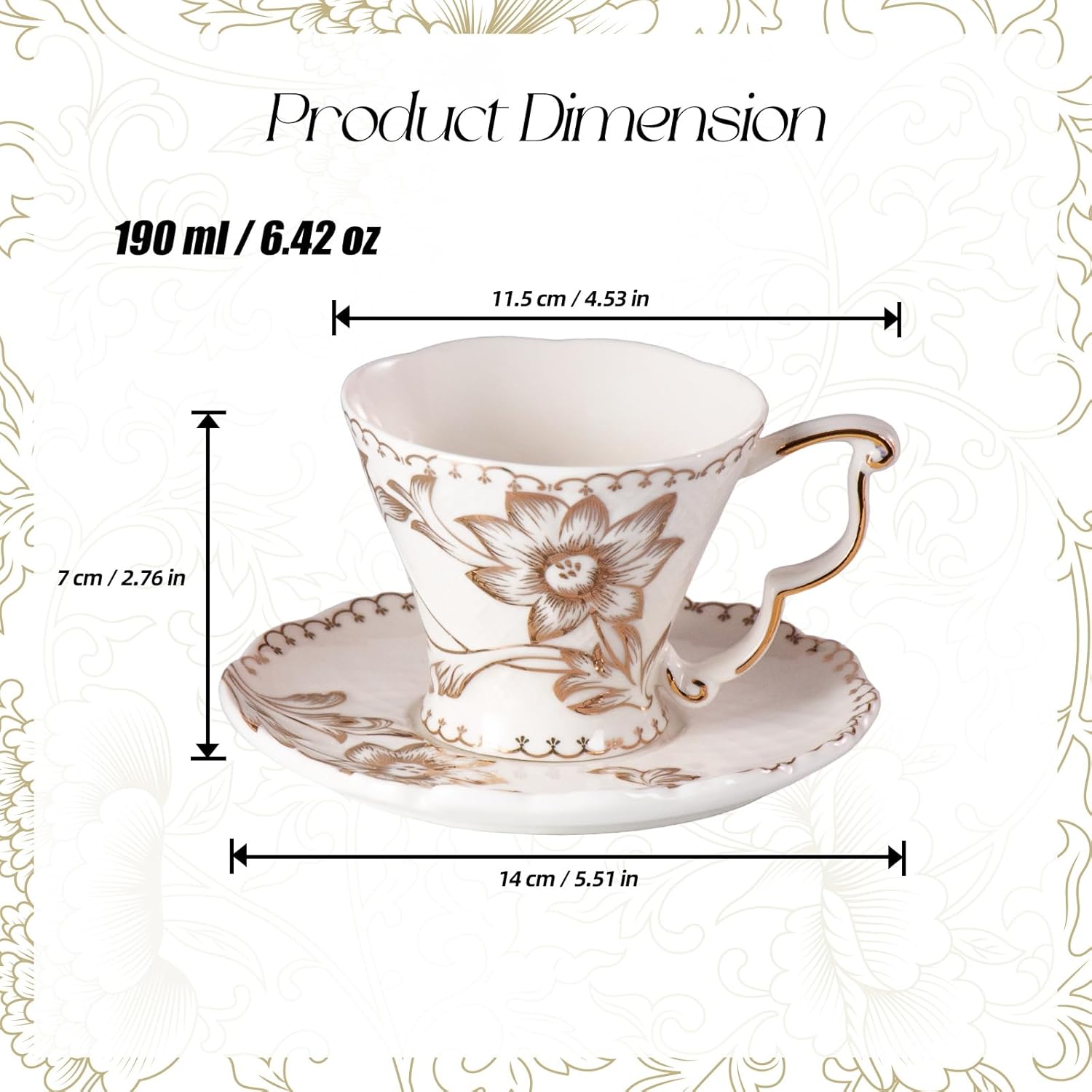 KAMMAK 6.4oz porcelain tea cup and saucer set with gold accents