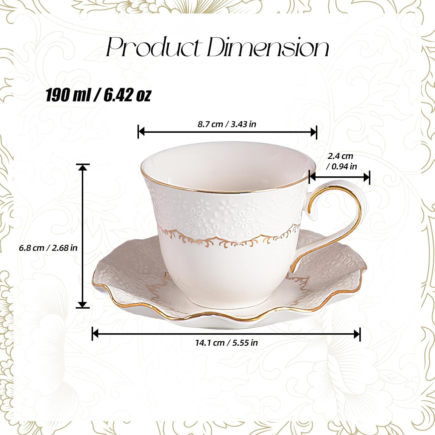 KAMMAK 6.4oz porcelain tea cup and saucer set with gold accents