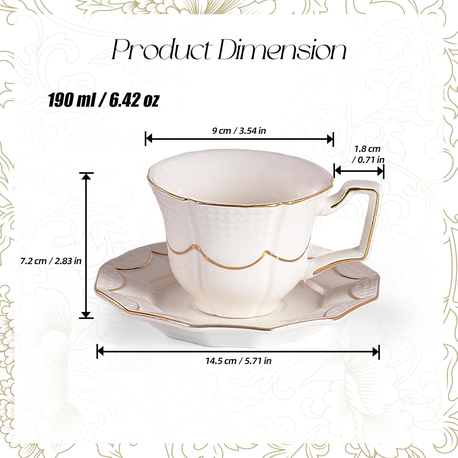 KAMMAK 6.4oz porcelain tea cup and saucer set with gold accents